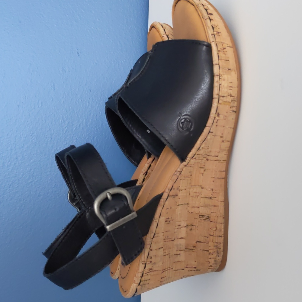 Born Agnio Cork Wedge Sandal, Black, Leather